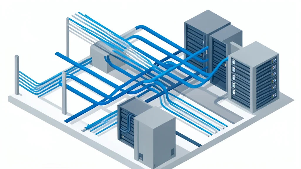 A flat vector illustration of a dense network of fiber optic cables connecting server racks in a data center.
