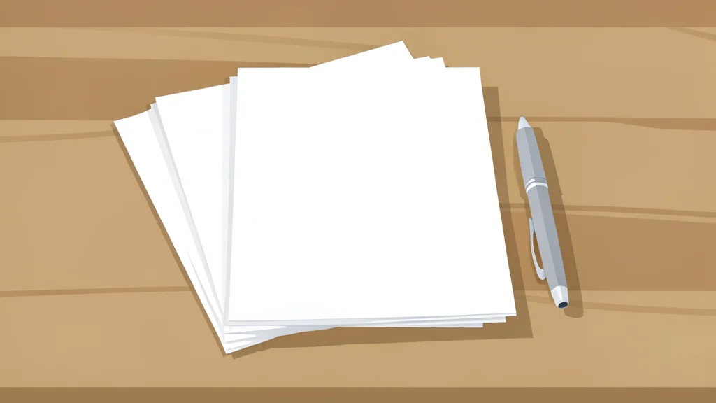 A stack of blank white papers and a pen on a wooden table
