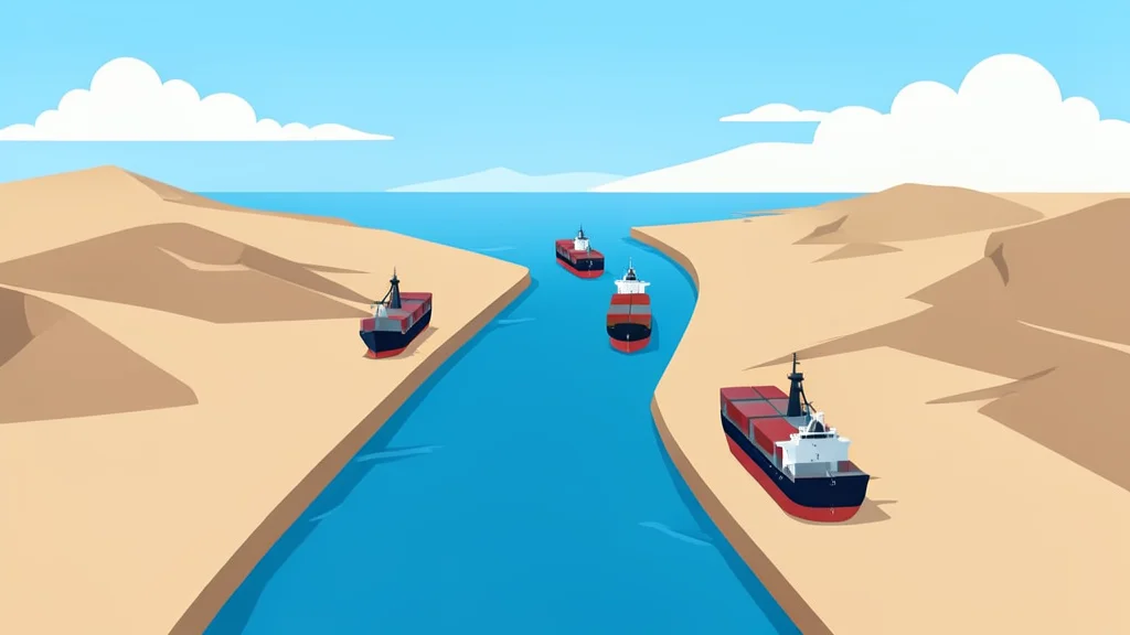 A stylized vector illustration of oil tankers navigating through the narrow Strait of Hormuz, emphasizing the geopolitical significance of the waterway.