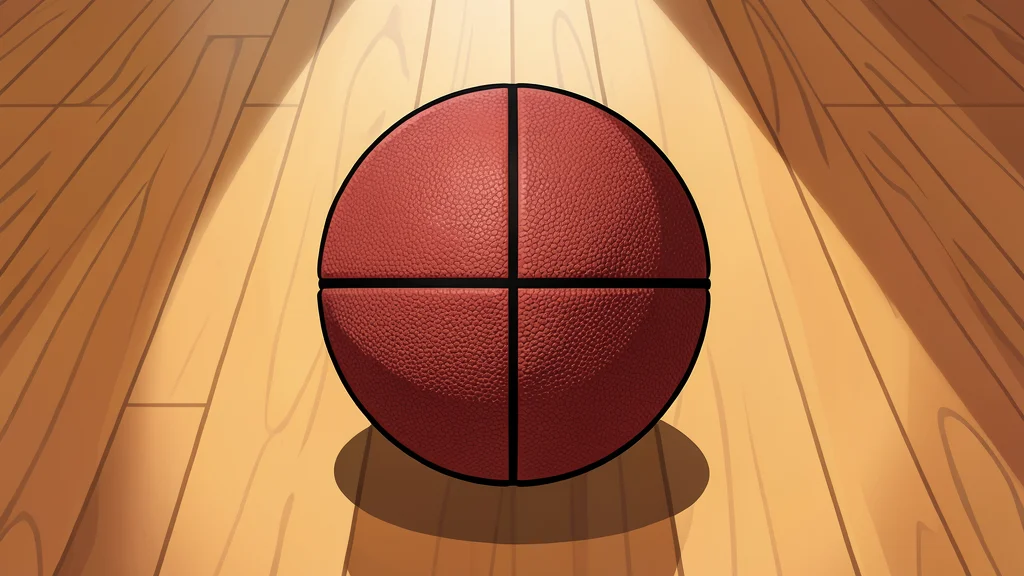 A polished basketball resting on a wooden court floor