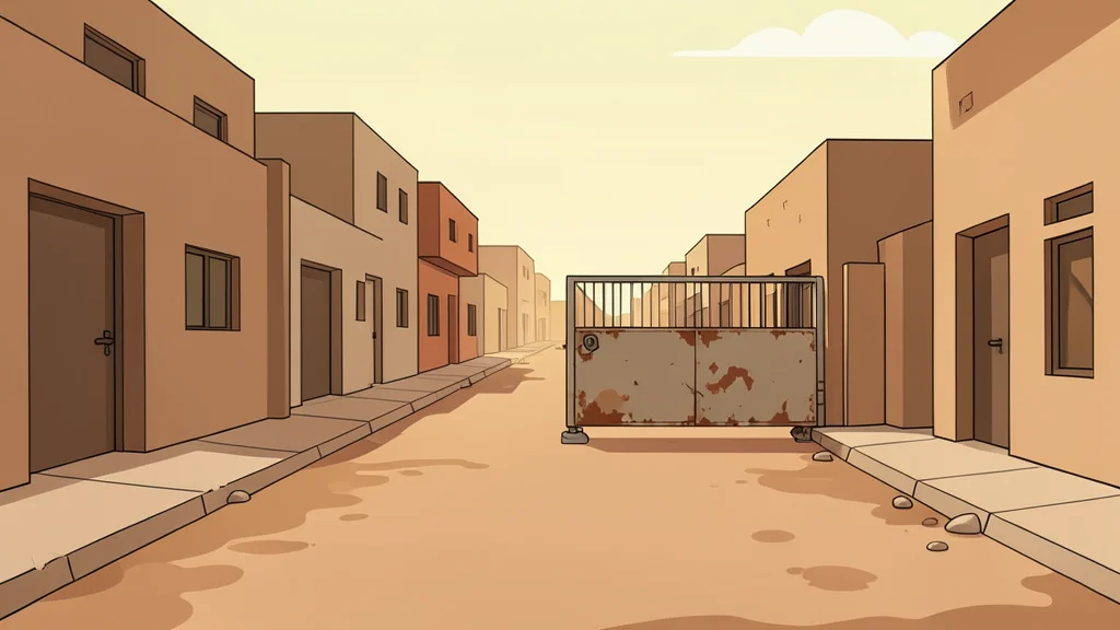 A dusty, sun-bleached street in a North African city with low concrete buildings and a single, weathered security checkpoint barrier