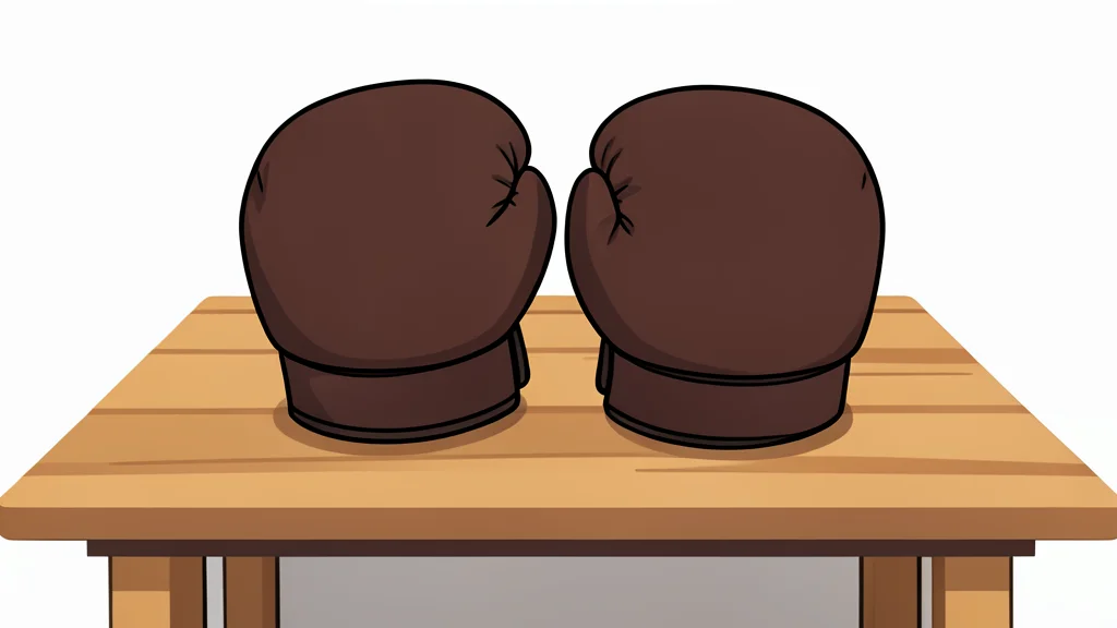 A pair of heavy-duty leather boxing gloves resting on a wooden training table