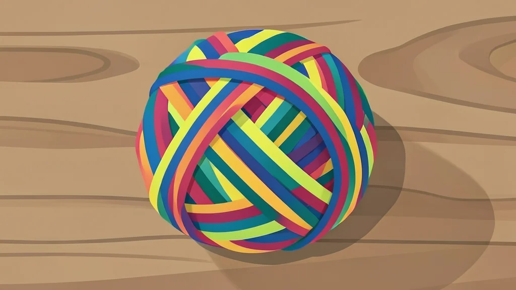 A tangled ball of colorful yarn resting on a wooden workbench