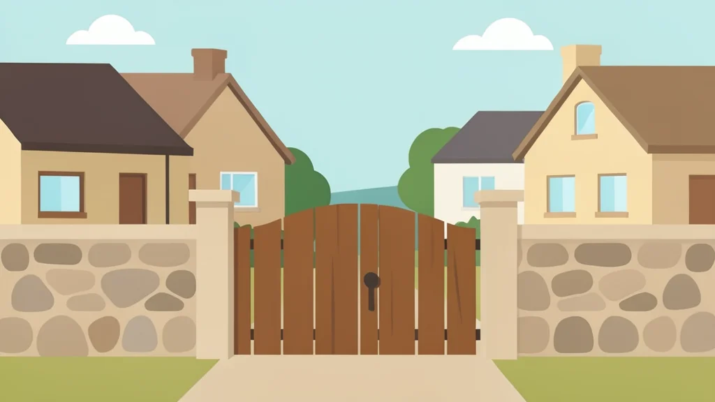 A flat vector illustration of a rural village entrance featuring a wooden gate and stone cottages in the background.