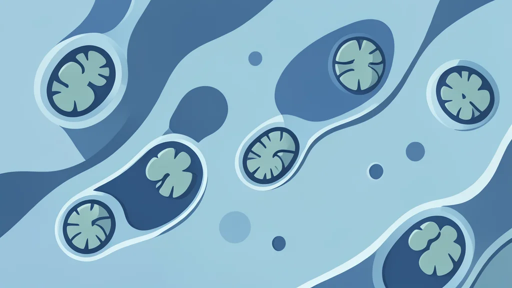 A microscopic view of a cell's internal energy-producing structures, depicted as bean-shaped organelles with folded inner membranes, floating in a fluid medium.
