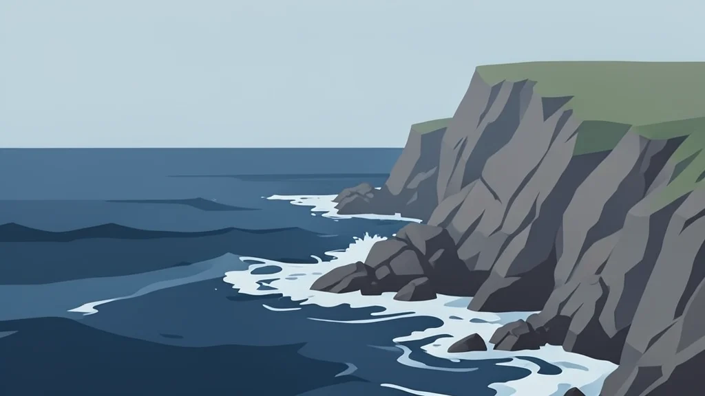 A rugged, rocky coastline in the South Atlantic with dark waves crashing against jagged cliffs
