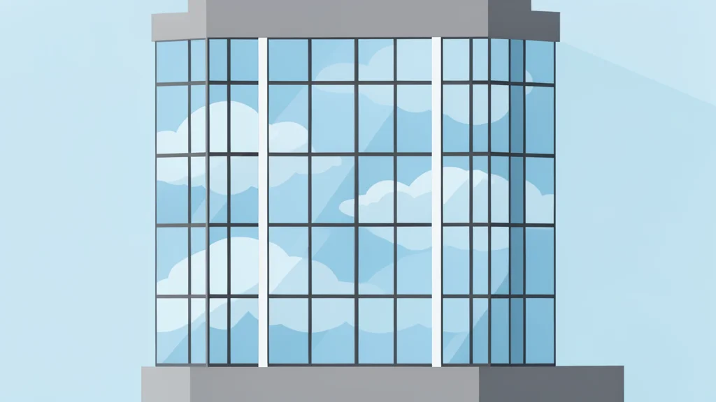 A modern glass office building with a grid of windows reflecting a cloudy sky