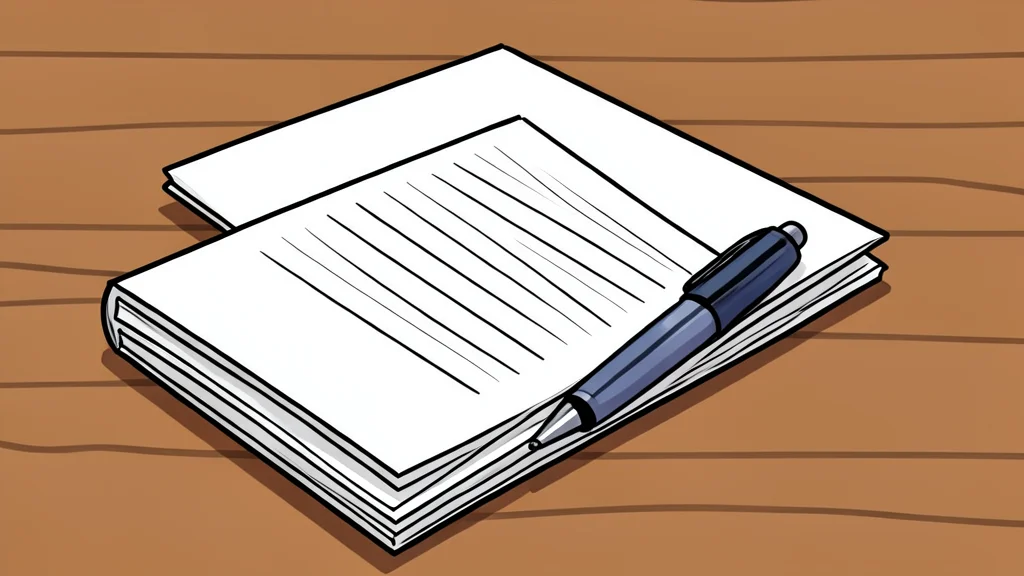 A stack of handwritten notebooks and a pen resting on a wooden table