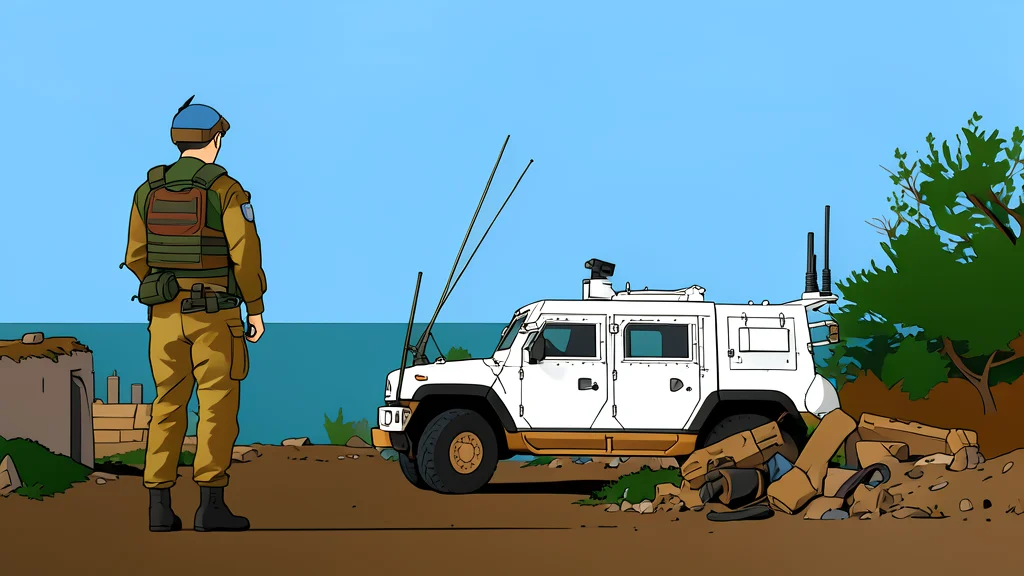 A blue and white United Nations peacekeeping helmet resting on a sandbag in a desert landscape
