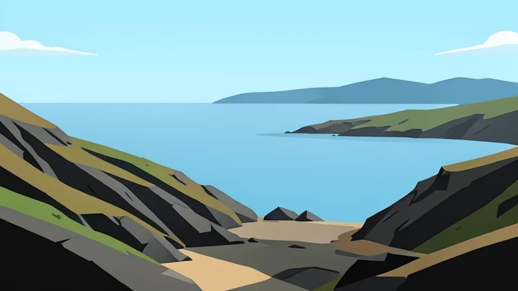 A rugged coastal landscape with a calm sea horizon and distant hills