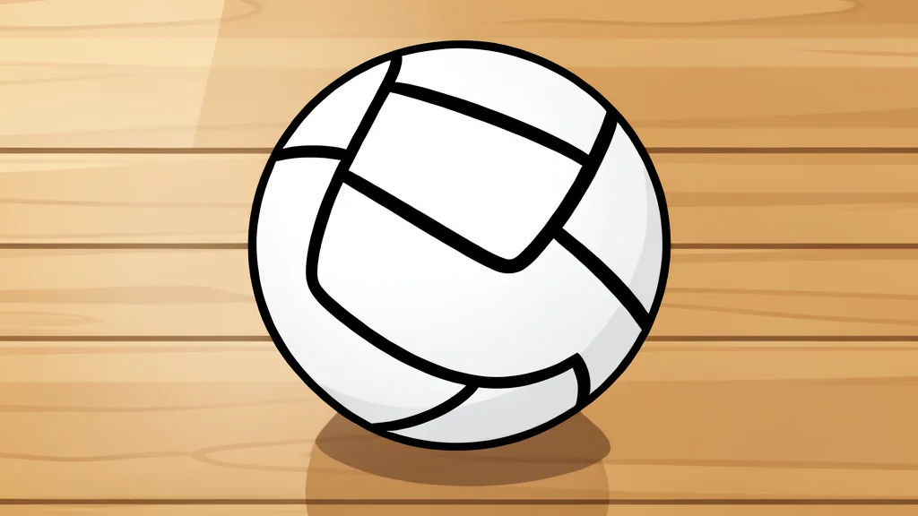 A white volleyball resting on a polished wooden indoor court floor