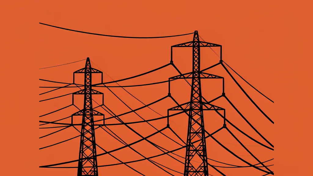 A vast industrial landscape with rows of boxy server buildings surrounded by high-voltage transmission towers and power lines stretching into the distance.