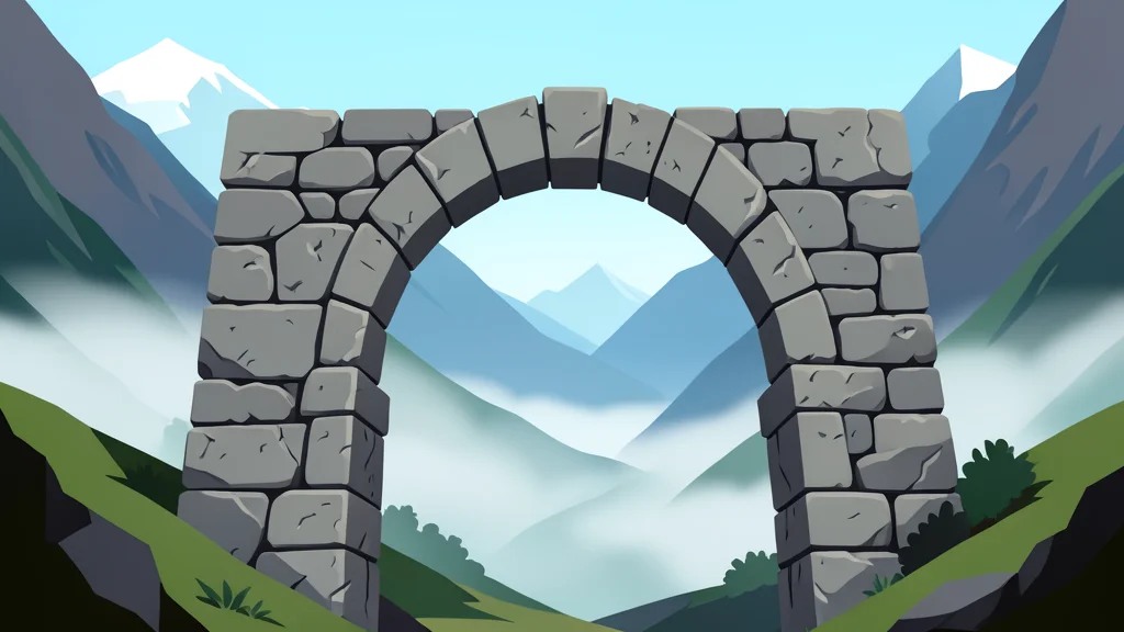 A weathered stone archway in a Himalayan valley with mist rolling through the background