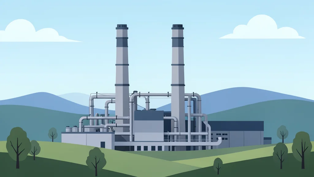A large industrial facility with tall cooling towers and piping infrastructure situated in a rural landscape