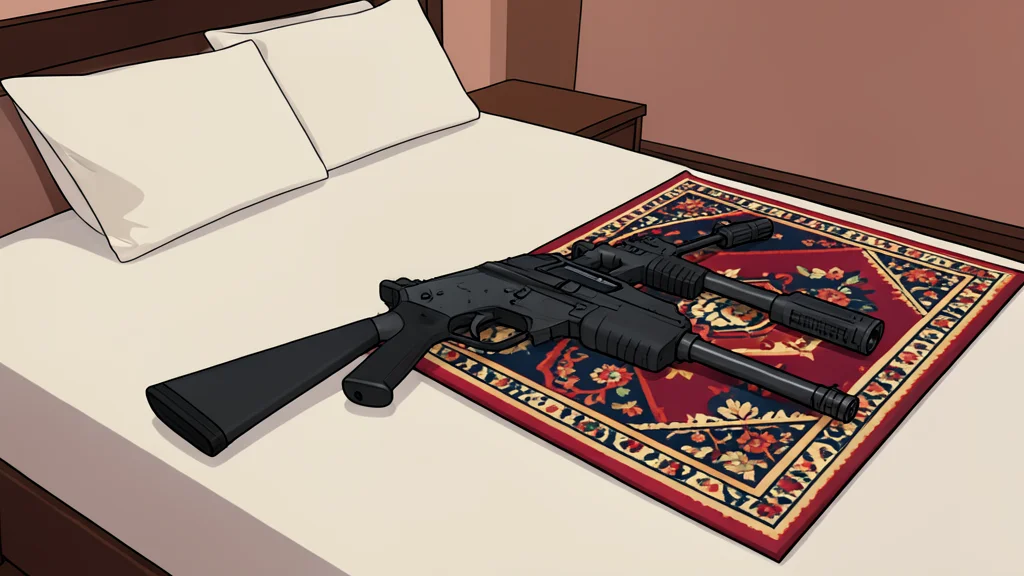 A semiautomatic rifle resting on a hotel bed next to a prayer rug