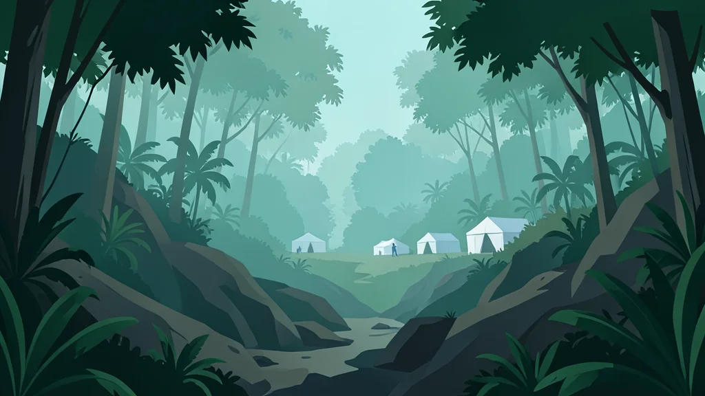 A dense, misty tropical forest landscape with rugged terrain and scattered medical tents in the distance.