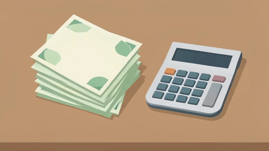 A neat stack of paper bills resting beside a standard desktop calculator on a wooden surface