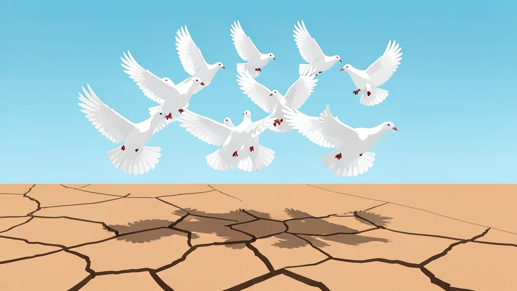 A cluster of white doves flying over a barren, cracked desert landscape