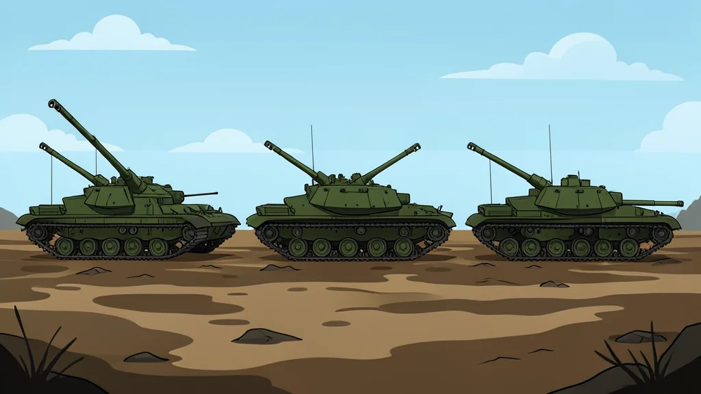 A row of abandoned military tanks in a muddy field