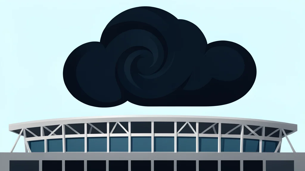 A dark, swirling cloud formation hovering over a modern stadium roof structure