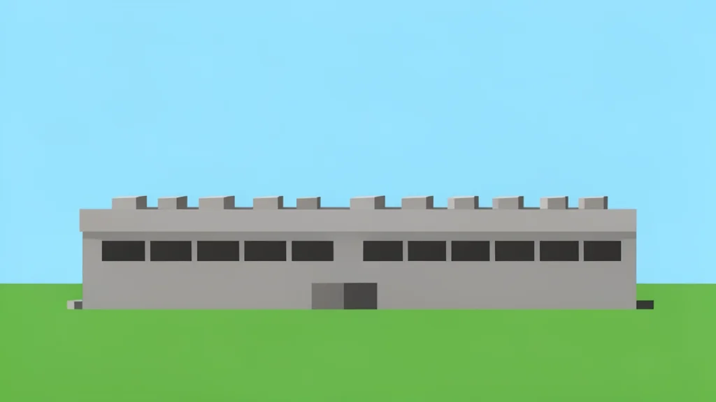 A large, modern industrial building with a flat roof and rows of ventilation units, situated in a flat, open landscape under a clear sky.