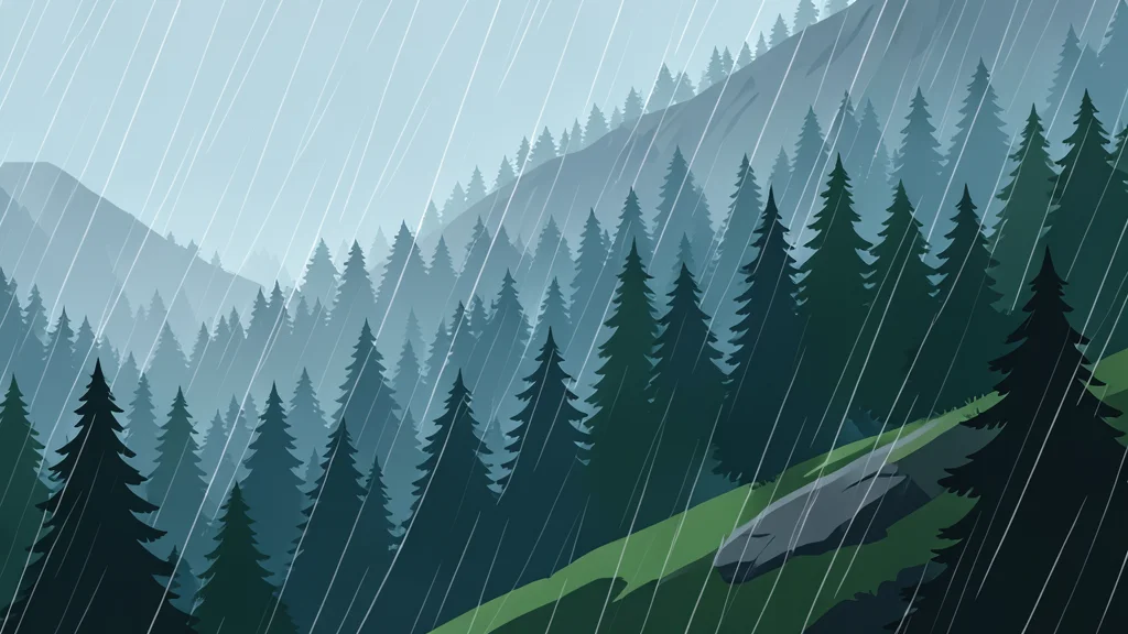 A dense, misty pine forest on a steep mountain slope with heavy rain falling