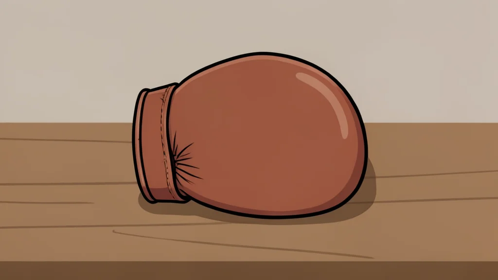 A pair of worn leather boxing gloves resting on a wooden table