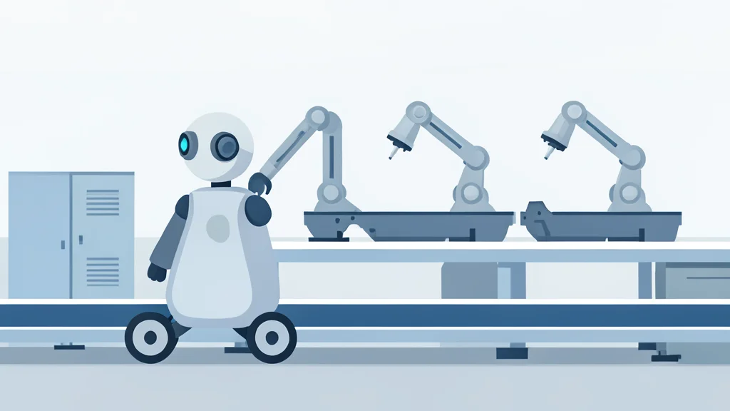 A modern industrial factory floor with robotic arms and wheeled humanoid robots moving along an assembly line