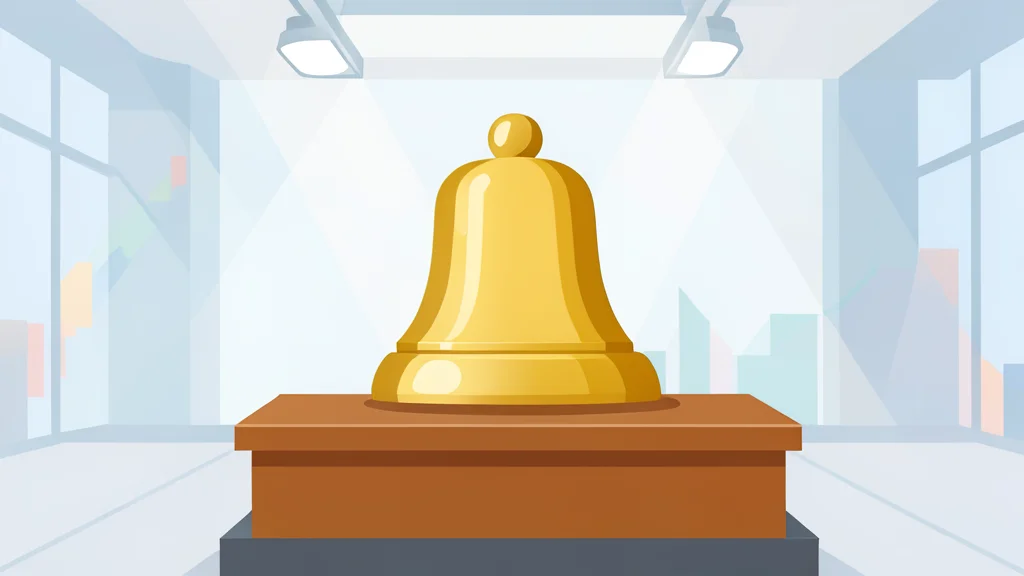 A polished brass bell resting on a wooden podium in a bright, modern trading hall