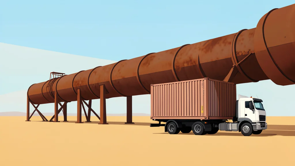 A calm red sea coastline with shipping lanes and a distant oil pipeline crossing a desert landscape