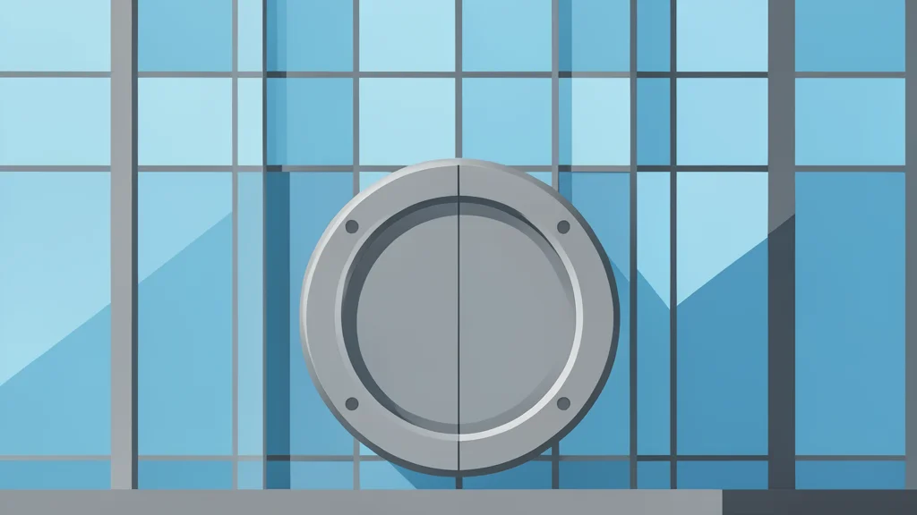 A modern glass office building with a secure vault door