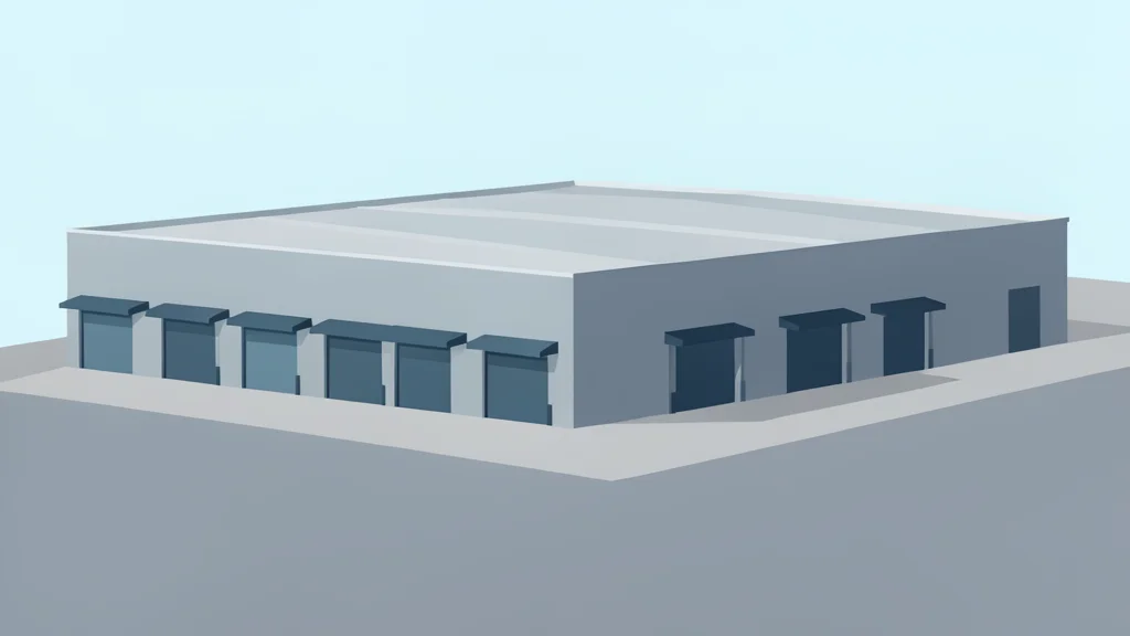 A large, modern industrial warehouse building with a flat roof and loading docks