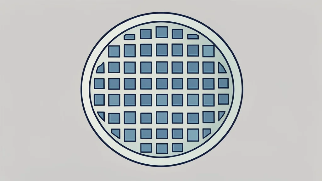 A close-up view of a silicon wafer with a grid of square chips