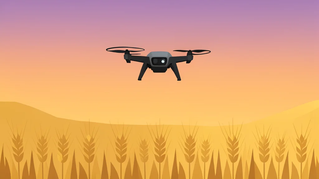 A small quadcopter drone hovering over a vast, golden wheat field at dusk