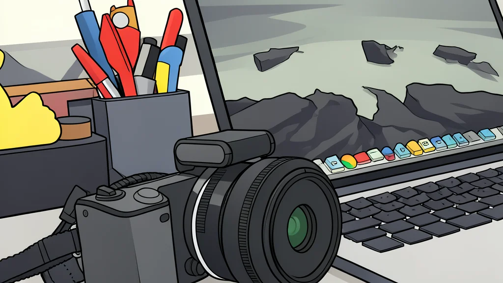 A flat-vector illustration of a mobile patrol robot with a camera sensor unit moving through an industrial warehouse aisle