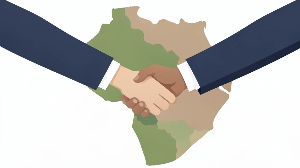 A flat vector illustration of two hands shaking over a simplified map of West Africa