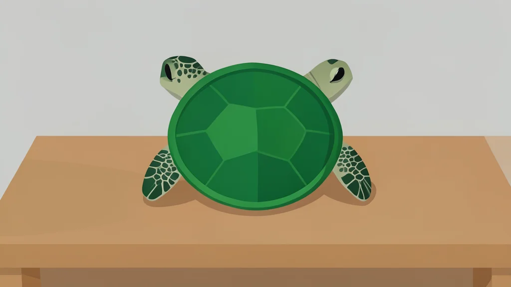 A stylized green sea turtle shell resting on a wooden desk surface