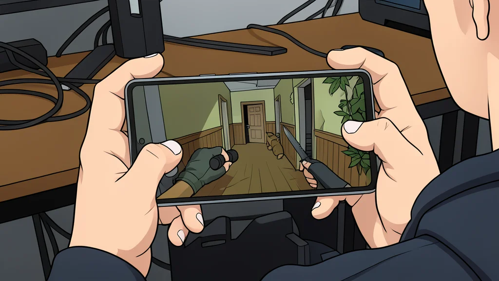 A modern smartphone lying on a wooden desk next to a pair of wired gaming headphones