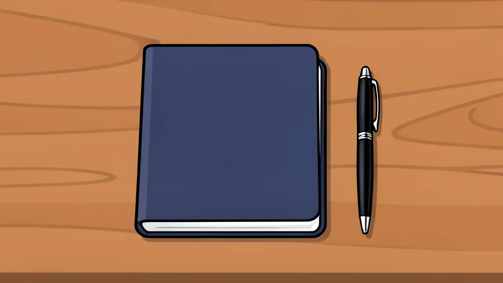 A closed notebook and a pen resting on a wooden desk