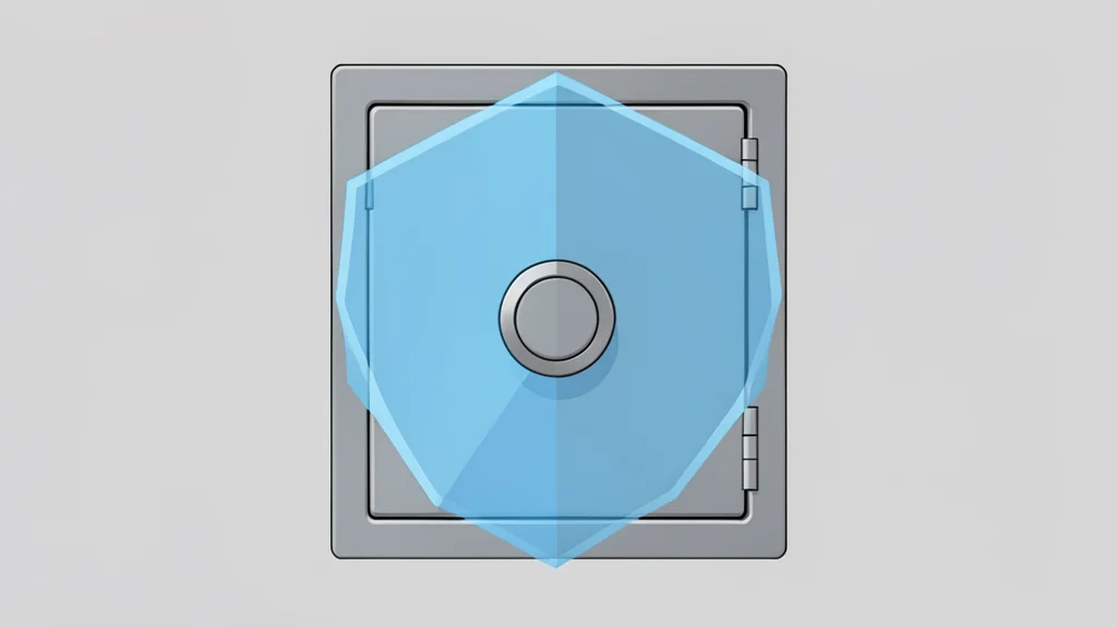A glowing digital shield protecting a secure vault door