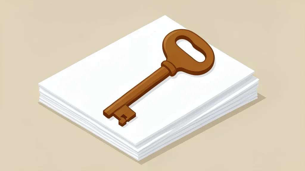 A wooden house key resting on a stack of white paper documents