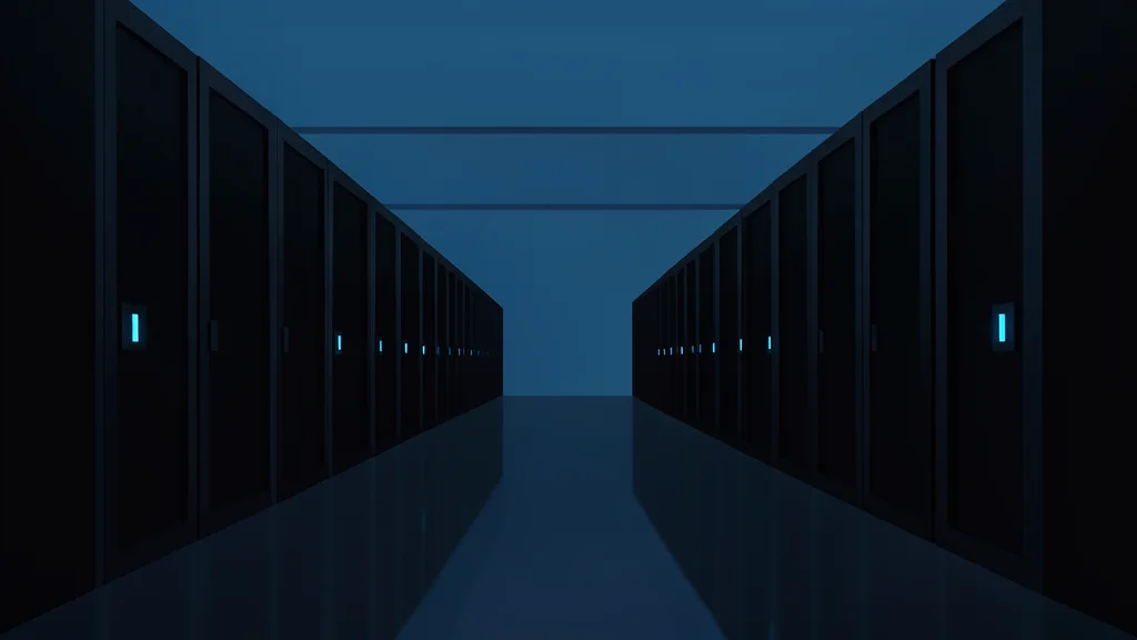 A vast, dimly lit server room with rows of tall black cabinets and glowing blue status lights