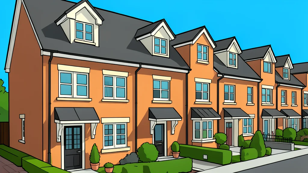 A row of brick terraced houses with white-framed windows and front doors