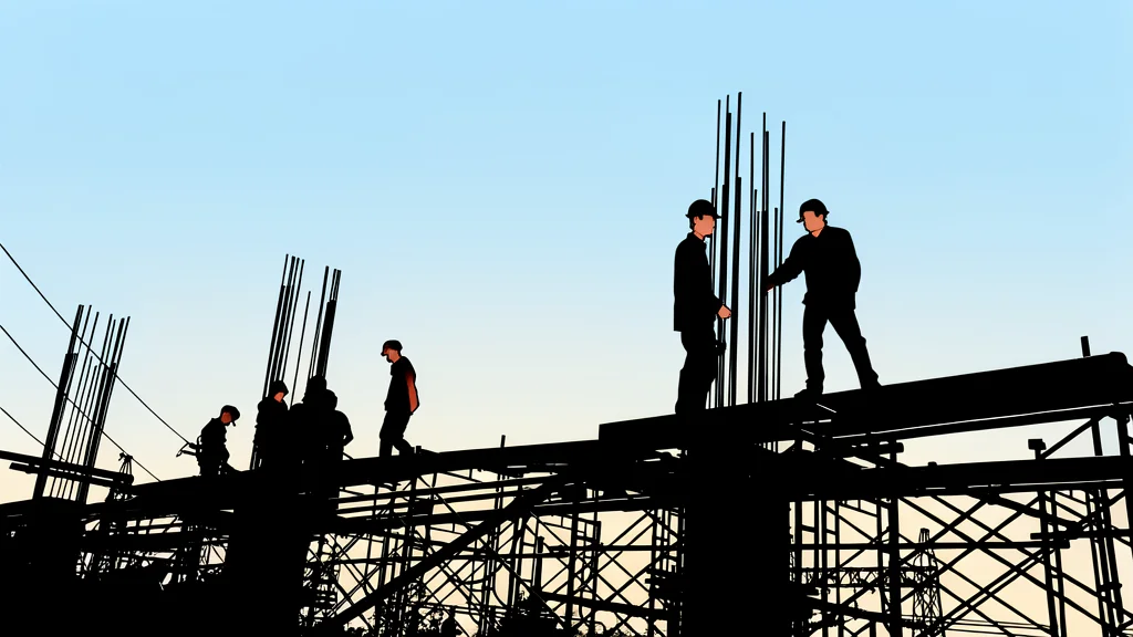 A large industrial construction site featuring heavy machinery and steel framework structures.