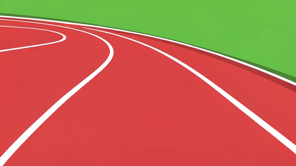 A red running track with white lane markings curving around a green infield