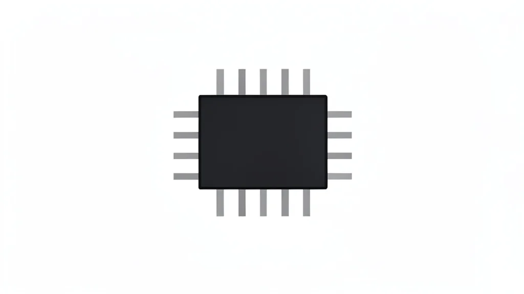 A close-up of a small, dark rectangular electronic component with metallic pins, resting on a clean white surface.