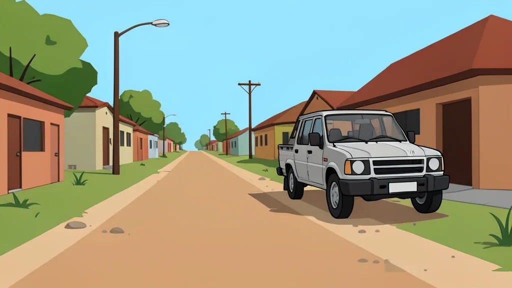 A dusty unpaved road in a township with a single abandoned vehicle parked on the side