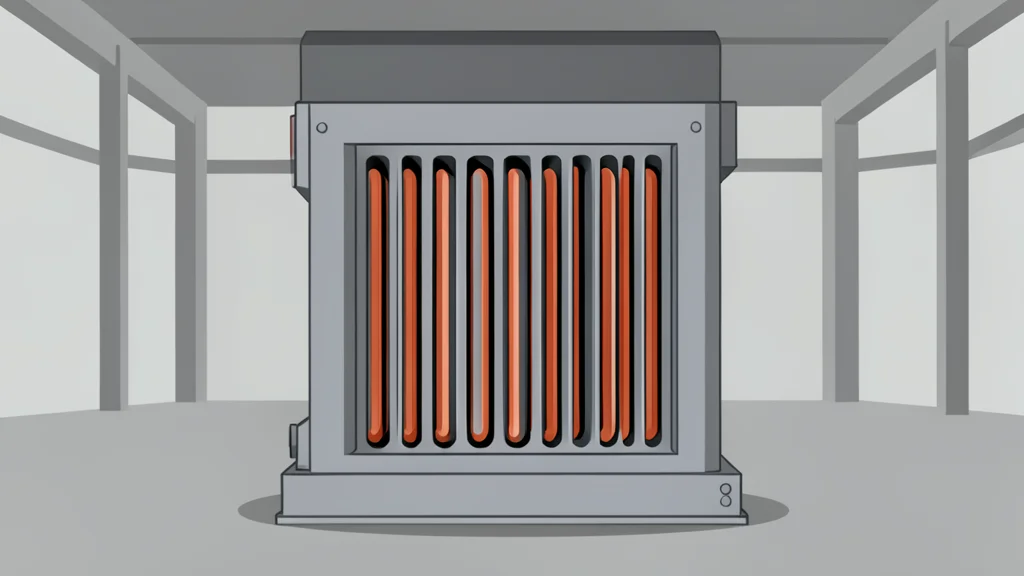 A large industrial transformer with copper windings and cooling fins standing in a factory setting