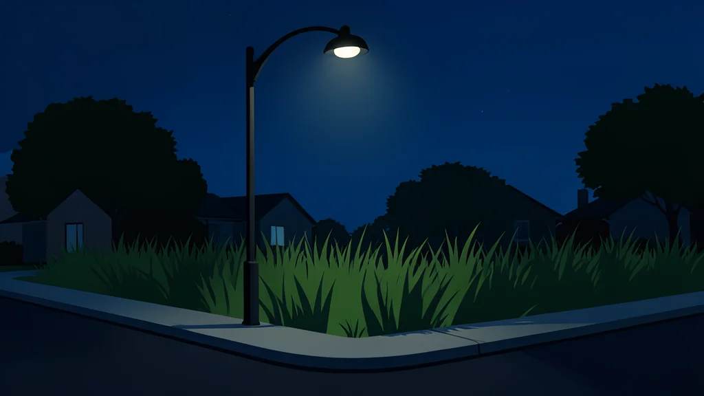 A dimly lit suburban street corner with tall grass and a single streetlamp
