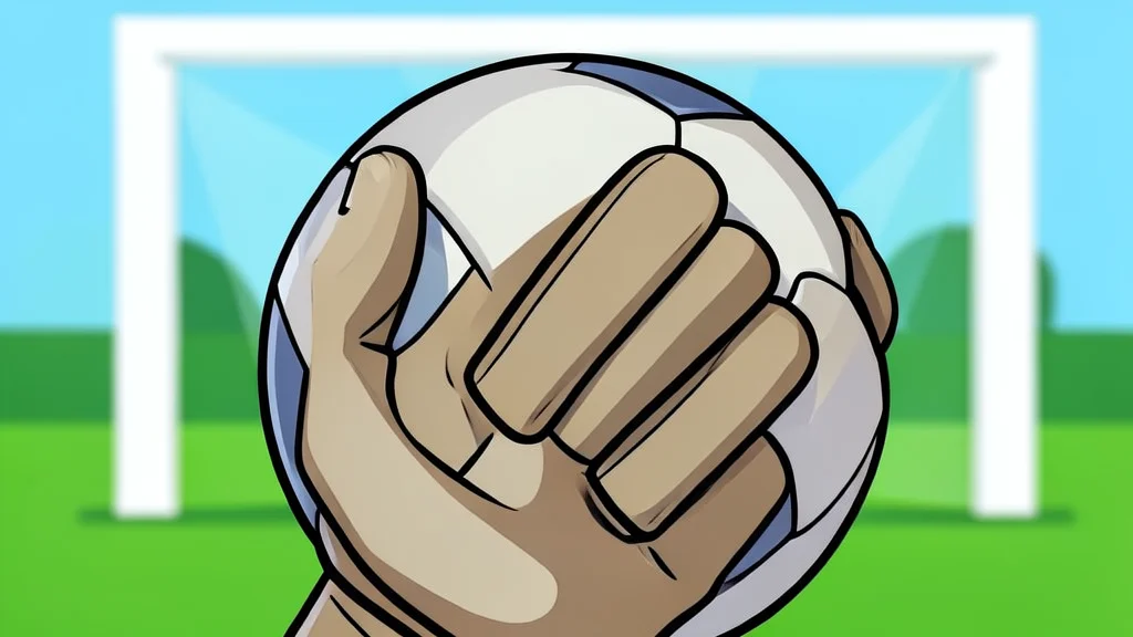 A stylized vector illustration of a goalkeeper standing in front of a goal net with a ball at his feet.